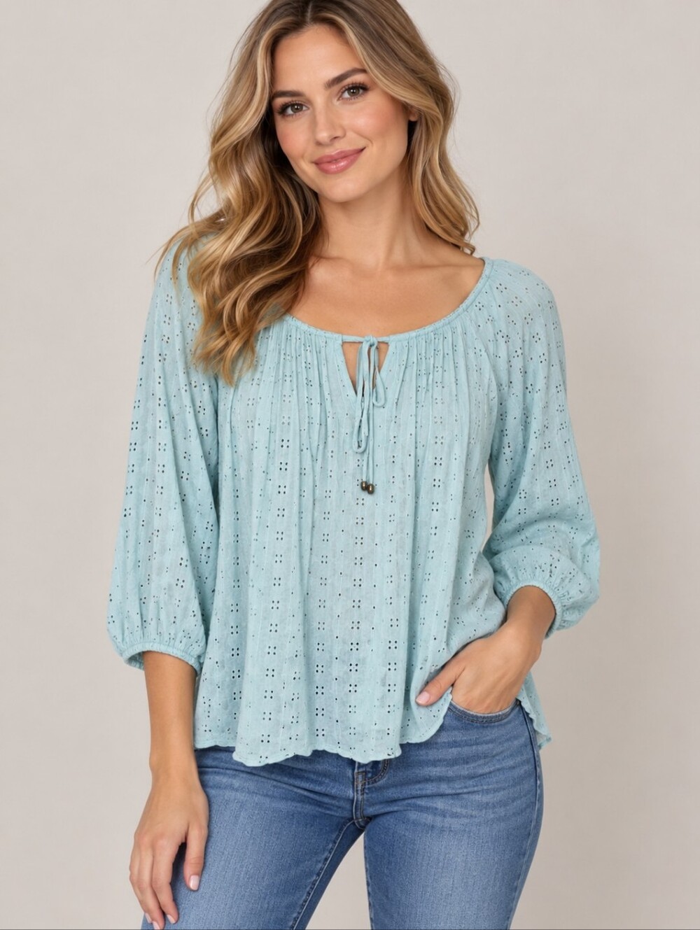NEW DIRECTIONS Eyelet Peasant Tie Neckline Cottage Coquette Blouse